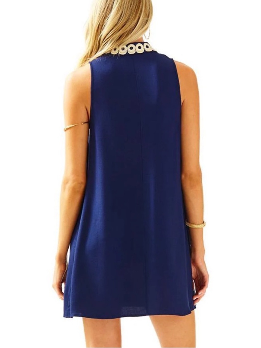 Lilly Pulitzer Jane Navy Sleeveless Shift Dress Gold Ring Trim Zipper Neck 4 - Picture 3 of 7